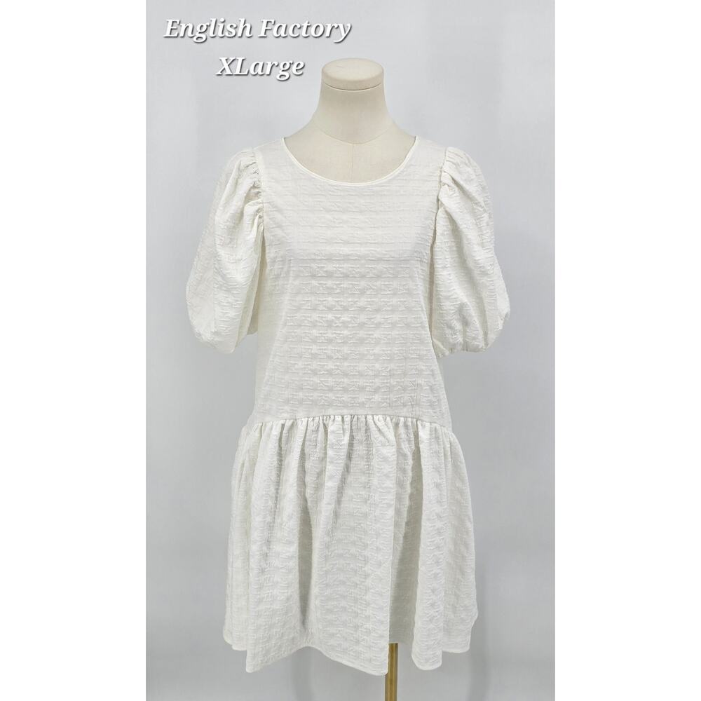 English Factory Soft Girl Romantic White Jacquard Puff Sleeve Babydoll Dress XL